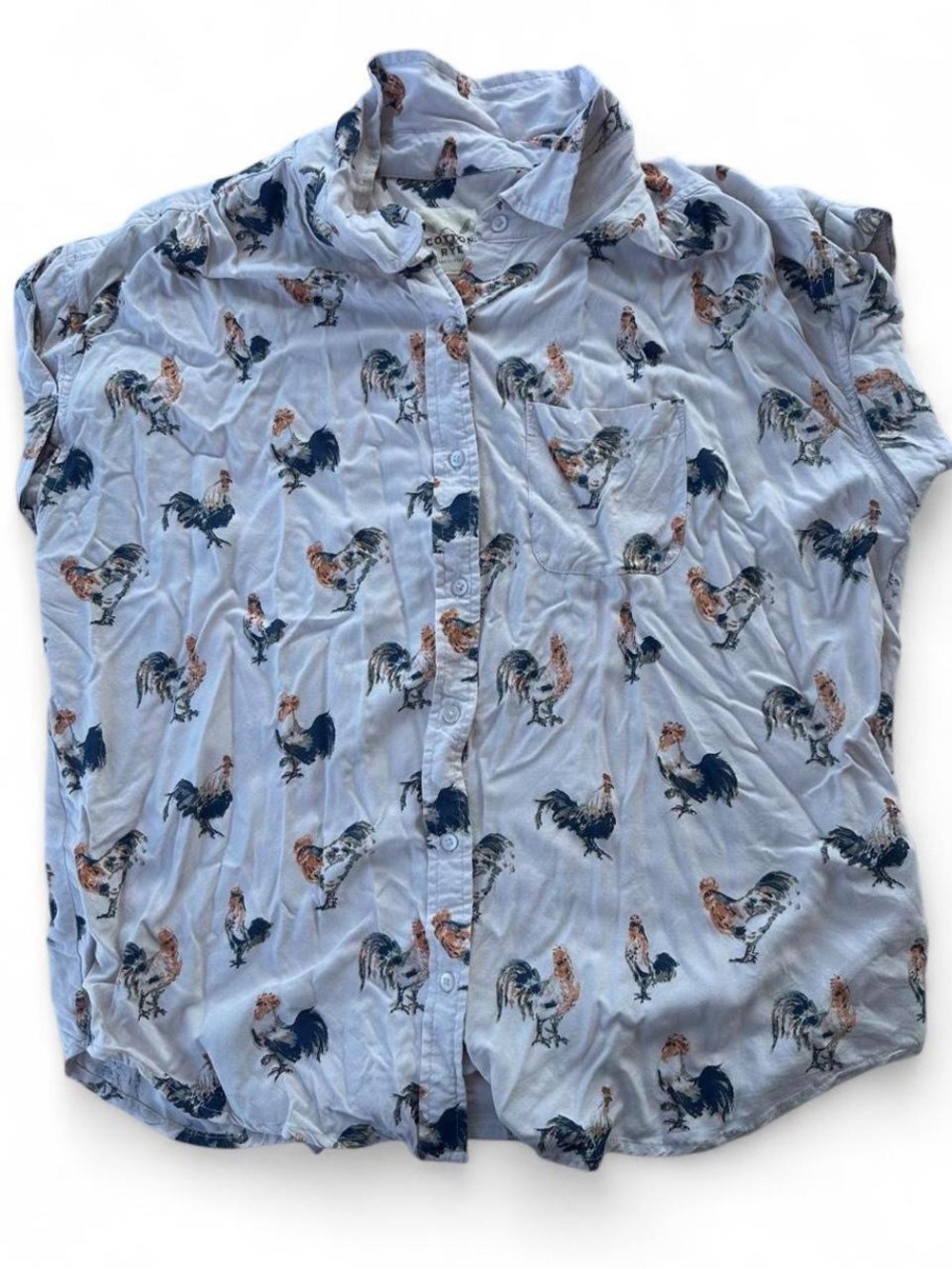 Women’s Light Blue Rooster Print Button-Up Blouse
